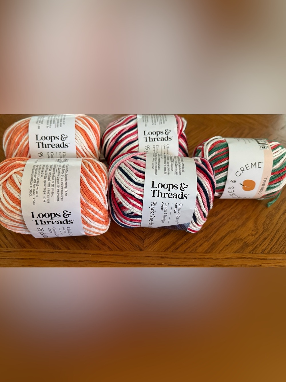 5 Loops & Threads Variegated Cotton Blend Yarn - Coral, Pink, Green Mix